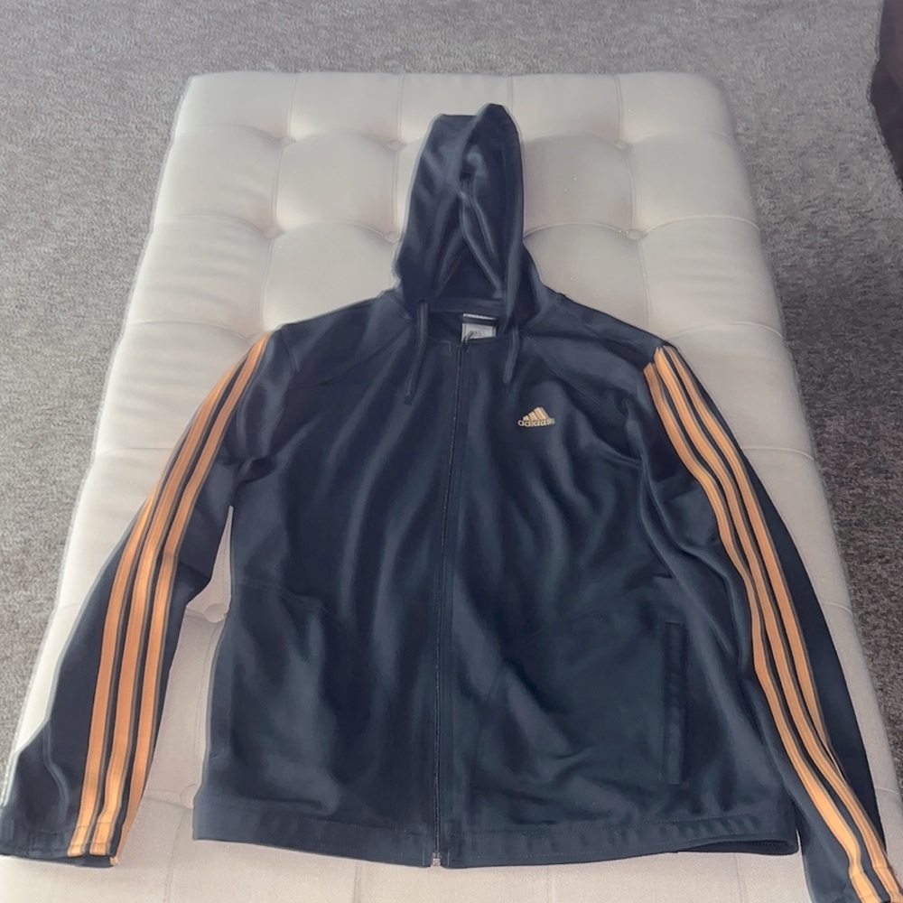 Adidas Men’s hooded zipper Climalite Jacket dark grey with orange striped sides